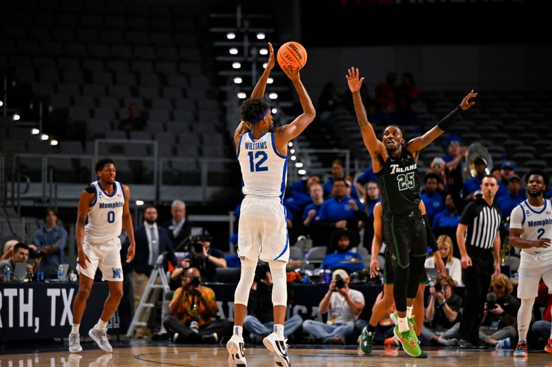 Mar 11, 2023; Fort Worth, TX, USA; Memphis Tigers forward DeAndre Williams (12) makes a three point shot over Tulane Green Wave guard Jaylen Forbes (25) during the second half at Dickies Arena. Mandatory Credit: Jerome Miron-USA TODAY Sports