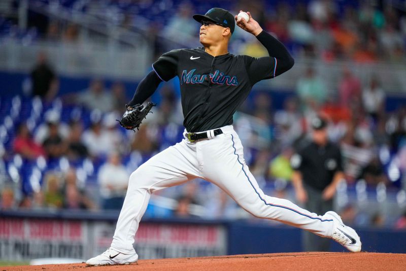 Aug 16, 2023; Miami, Florida, USA; Miami Marlins starting pitcher Jesus Luzardo (44) throws a pitch against the Houston Astros during the first inning at loanDepot Park. Mandatory Credit: Rich Storry-USA TODAY Sports