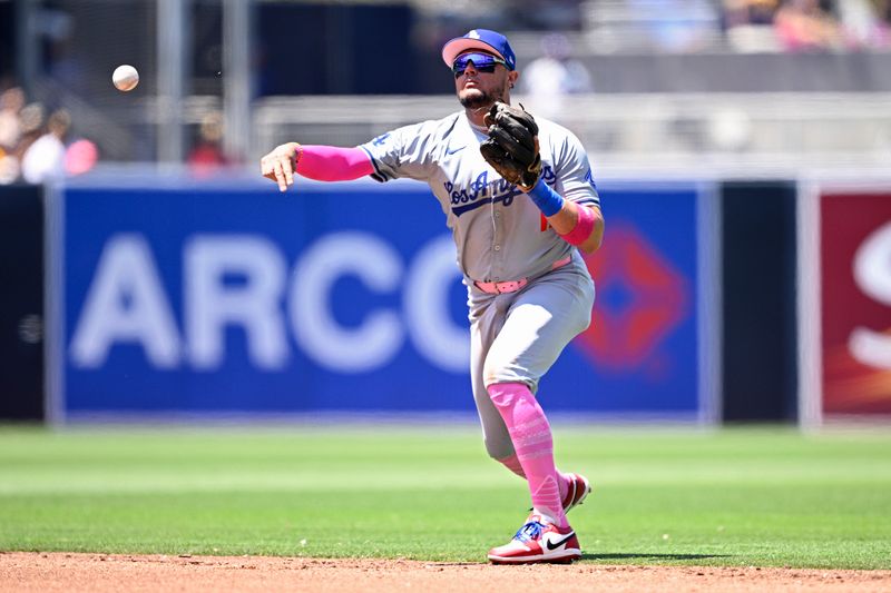 May 12, 2024; San Diego, California, USA; Los Angeles Dodgers second baseman Miguel Rojas (11) throws to first base on a ground out by San Diego Padres first baseman Jake Cronenworth (not pictured) during the third inning at Petco Park. Mandatory Credit: Orlando Ramirez-USA TODAY Sports