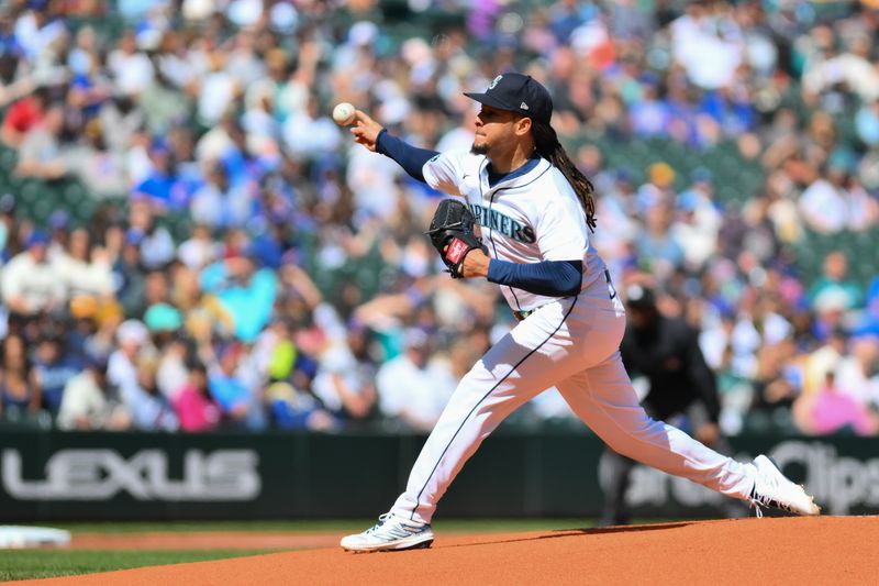 Apr 14, 2024; Seattle, Washington, USA; Seattle Mariners starting pitcher Luis Castillo (58) pitches to the Chicago Cubs during the first inning at T-Mobile Park. Mandatory Credit: Steven Bisig-USA TODAY Sports