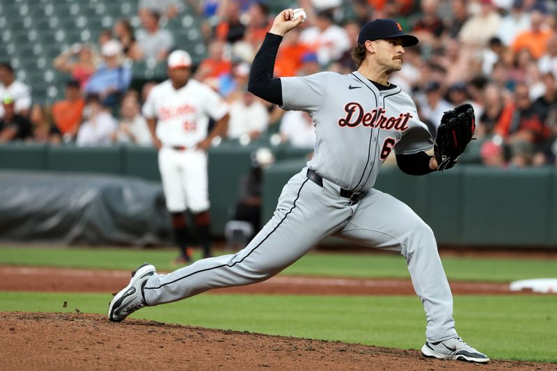 Jun 10, 2025; Baltimore, Maryland, USA; Detroit Tigers pitcher Sawyer Gipson-Long (66) throws during the sixth inning against the Baltimore Orioles at Oriole Park at Camden Yards. Mandatory Credit: Daniel Kucin Jr.-Imagn Images