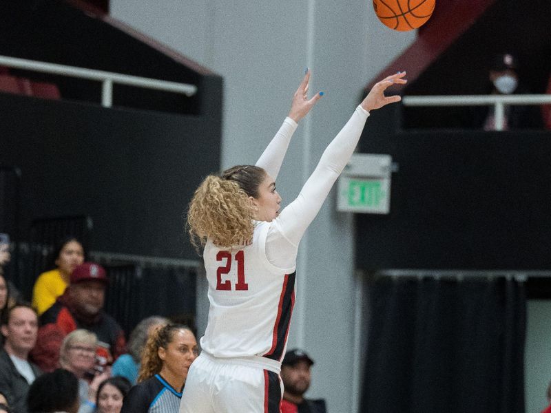 Jan 27, 2023; Stanford, California, USA; Stanford Cardinal forward Brooke Demetre (21) shoots the basketball during the fourth quarter against the Oregon State Beavers at Maples Pavilion. Mandatory Credit: Neville E. Guard-USA TODAY Sports