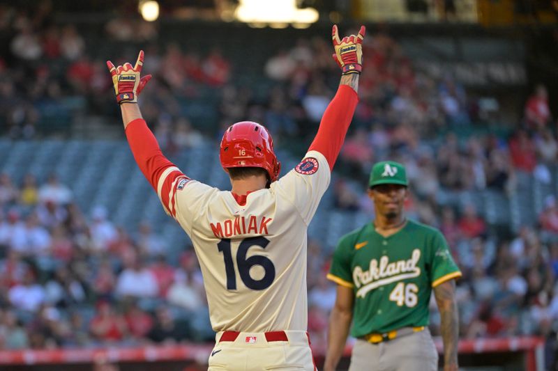Jun 24, 2024; Anaheim, California, USA;  Los Angeles Angels center fielder Mickey Moniak (16) gestures after hitting a RBI single in the third inning against the Oakland Athletics at Angel Stadium. Mandatory Credit: Jayne Kamin-Oncea-USA TODAY Sports