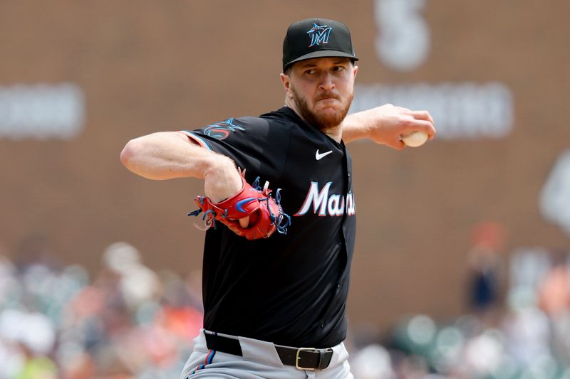 May 15, 2024; Detroit, Michigan, USA;  Miami Marlins pitcher Trevor Rogers (28) pitches in the third inning against the Detroit Tigers at Comerica Park. Mandatory Credit: Rick Osentoski-USA TODAY Sports
