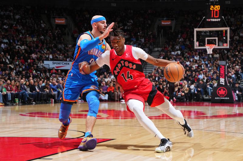 TORONTO, CANADA - DECEMBER 05:  Ja'Kobe Walter #14 of the Toronto Raptors handles the ball during the game against the Oklahoma City Thunder on December 05, 2024 at the Scotiabank Arena in Toronto, Ontario, Canada.  NOTE TO USER: User expressly acknowledges and agrees that, by downloading and or using this Photograph, user is consenting to the terms and conditions of the Getty Images License Agreement.  Mandatory Copyright Notice: Copyright 2024 NBAE (Photo by Mark Blinch/NBAE via Getty Images)