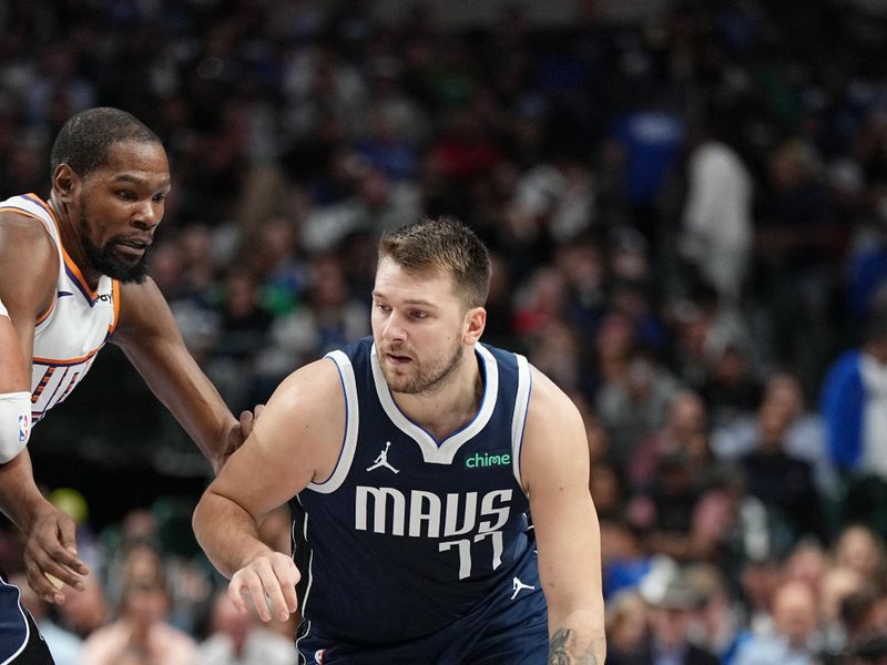 DALLAS, TX - NOVEMBER 8: Luka Doncic #77 of the Dallas Mavericks dribbles the ball during the game against the Phoenix Suns on November 6, 2024 at the American Airlines Center in Dallas, Texas. NOTE TO USER: User expressly acknowledges and agrees that, by downloading and or using this photograph, User is consenting to the terms and conditions of the Getty Images License Agreement. Mandatory Copyright Notice: Copyright 2024 NBAE (Photo by Glenn James/NBAE via Getty Images)