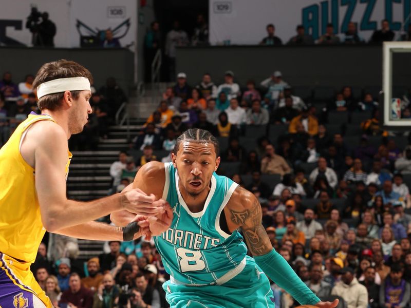 CHARLOTTE, NC - JANUARY 27:  Nick Smith Jr. #8 of the Charlotte Hornets dribbles the ball during the game against the Los Angeles Lakers on January 27, 2025 at Spectrum Center in Charlotte, North Carolina. NOTE TO USER: User expressly acknowledges and agrees that, by downloading and or using this photograph, User is consenting to the terms and conditions of the Getty Images License Agreement. Mandatory Copyright Notice: Copyright 2025 NBAE (Photo by Kent Smith/NBAE via Getty Images)