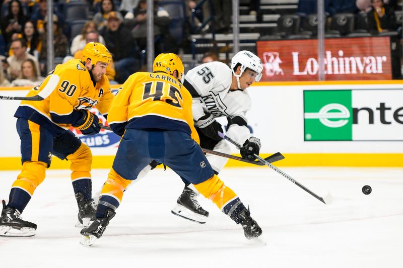 Nov 4, 2024; Nashville, Tennessee, USA;  Los Angeles Kings right wing Quinton Byfield (55) takes a shot on goal against the Nashville Predators during the second period at Bridgestone Arena. Mandatory Credit: Steve Roberts-Imagn Images