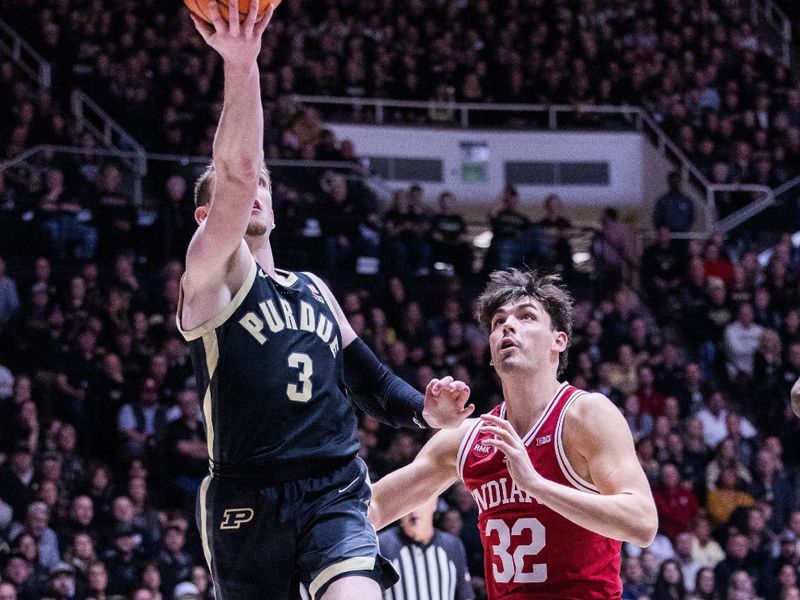 Feb 10, 2024; West Lafayette, Indiana, USA; Purdue Boilermakers guard Braden Smith (3) shoots the ball while Indiana Hoosiers guard Trey Galloway (32) defends in the second half at Mackey Arena. Mandatory Credit: Trevor Ruszkowski-USA TODAY Sports