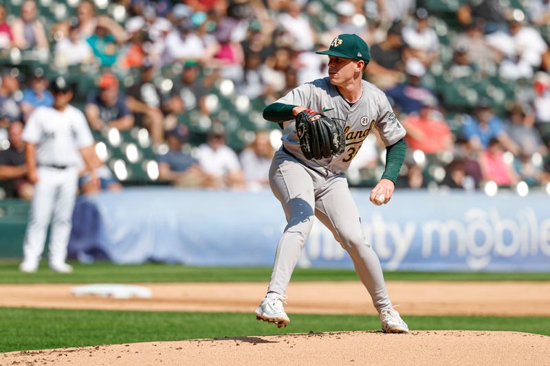 Sep 15, 2024; Chicago, Illinois, USA; Oakland Athletics starting pitcher JP Sears (38) delivers a pitch against the Chicago White Sox during the first inning at Guaranteed Rate Field. Mandatory Credit: Kamil Krzaczynski-Imagn Images