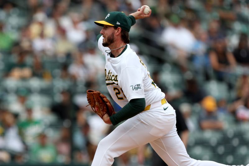Sep 28, 2025; West Sacramento, California, USA; Athletics pitcher Mitch Spence (28) throws a pitch against the Kansas City Royals during the fourth inning at Sutter Health Park. Mandatory Credit: Dennis Lee-Imagn Images