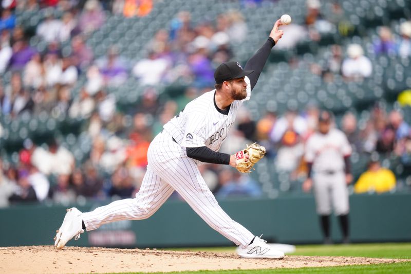 May 9, 2024; Denver, Colorado, USA; Colorado Rockies relief pitcher Jalen Beeks (68) delivers a pitch in the ninth inning against the San Francisco Giants at Coors Field. Mandatory Credit: Ron Chenoy-USA TODAY Sports