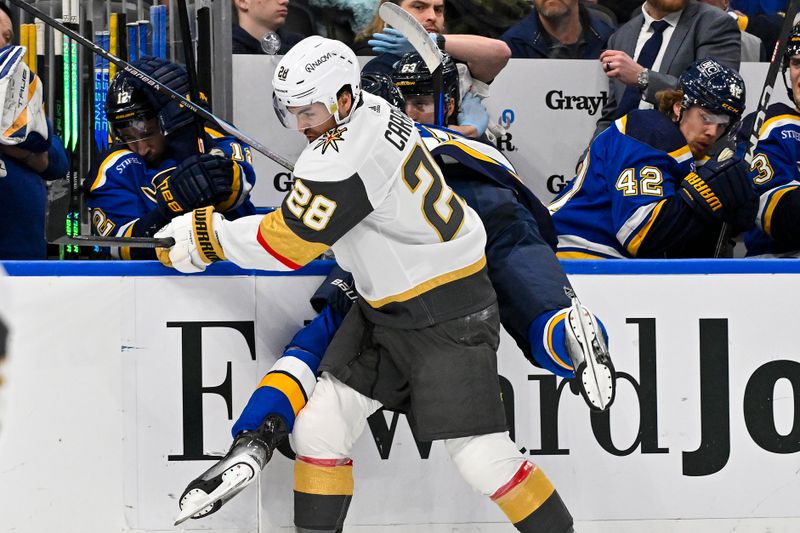 Mar 25, 2024; St. Louis, Missouri, USA;  Vegas Golden Knights left wing William Carrier (28) checks St. Louis Blues defenseman Colton Parayko (55) during the second period at Enterprise Center. Mandatory Credit: Jeff Curry-USA TODAY Sports