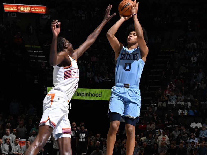 MEMPHIS, TN - FEBRUARY 25: Jaylen Wells #0 of the Memphis Grizzlies shoots the ball during the game against the Phoenix Suns on February 25, 2025 at FedExForum in Memphis, Tennessee. NOTE TO USER: User expressly acknowledges and agrees that, by downloading and or using this photograph, User is consenting to the terms and conditions of the Getty Images License Agreement. Mandatory Copyright Notice: Copyright 2025 NBAE(Photo by Grant Burke/NBAE via Getty Images)