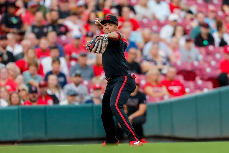 Sep 8, 2023; Cincinnati, Ohio, USA; Cincinnati Reds third baseman Noelvi Marte (16) throws to first to get St. Louis Cardinals designated hitter Luken Baker (not pictured) out in the first inning at Great American Ball Park. Mandatory Credit: Katie Stratman-USA TODAY Sports