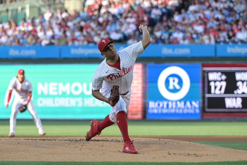 Jun 1, 2024; Philadelphia, Pennsylvania, USA;   Philadelphia Phillies pitcher Ranger Suárez (55) pitches in the first inning against the St. Louis Cardinals at Citizens Bank Park. Mandatory Credit: John Geliebter-USA TODAY Sports