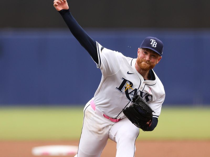 May 11, 2025; Tampa, Florida, USA; Tampa Bay Rays starting pitcher Drew Rasmussen (57) throws a pitch against the Milwaukee Brewers in the fourth inning at George M. Steinbrenner Field. Mandatory Credit: Nathan Ray Seebeck-Imagn Images