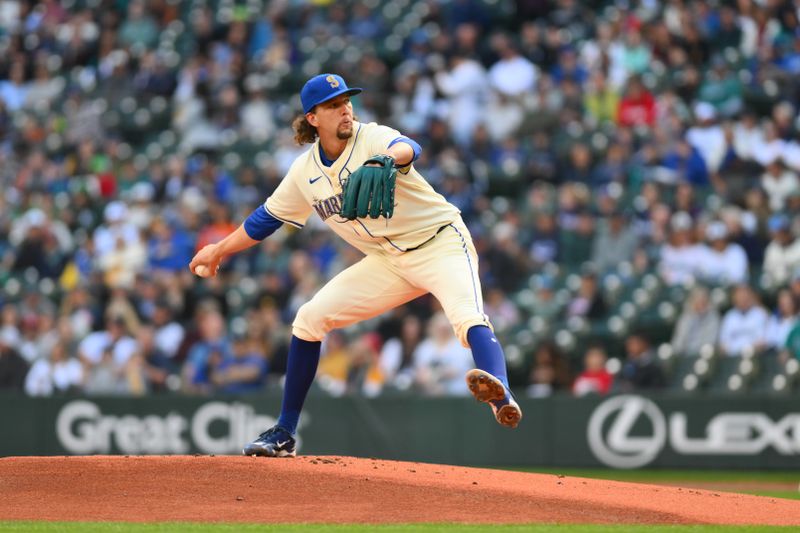 Sep 29, 2024; Seattle, Washington, USA; Seattle Mariners starting pitcher Logan Gilbert (36) pitches to the Oakland Athletics during the first inning at T-Mobile Park. Mandatory Credit: Steven Bisig-Imagn Images