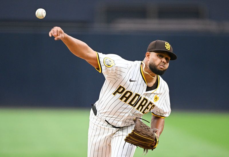 Jun 6, 2024; San Diego, California, USA; San Diego Padres starting pitcher Randy Vasquez (98) delivers during the first inning against the Arizona Diamondbacks at Petco Park. Mandatory Credit: Denis Poroy-USA TODAY Sports at Petco Park. 