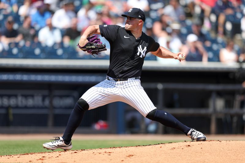 Mar 18, 2024; Tampa, Florida, USA;  New York Yankees starting pitcher Carlos Rodon (55) throws a pitch against the Philadelphia Phillies in the second inning at George M. Steinbrenner Field. Mandatory Credit: Nathan Ray Seebeck-USA TODAY Sports