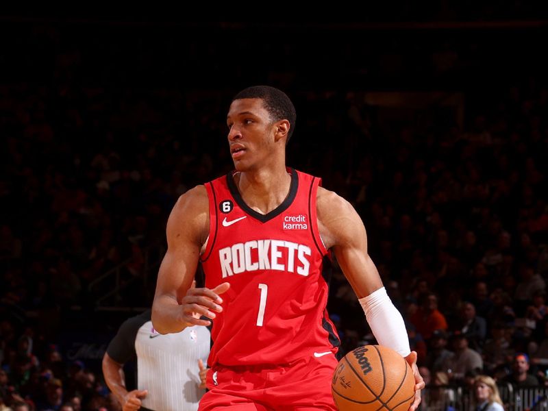 NEW YORK, NY - MARCH 27: Jabari Smith Jr. #1 of the Houston Rockets dribbles the ball during the game against the New York Knicks on March 27, 2023 at Madison Square Garden in New York City, New York.  NOTE TO USER: User expressly acknowledges and agrees that, by downloading and or using this photograph, User is consenting to the terms and conditions of the Getty Images License Agreement. Mandatory Copyright Notice: Copyright 2023 NBAE  (Photo by Nathaniel S. Butler/NBAE via Getty Images)