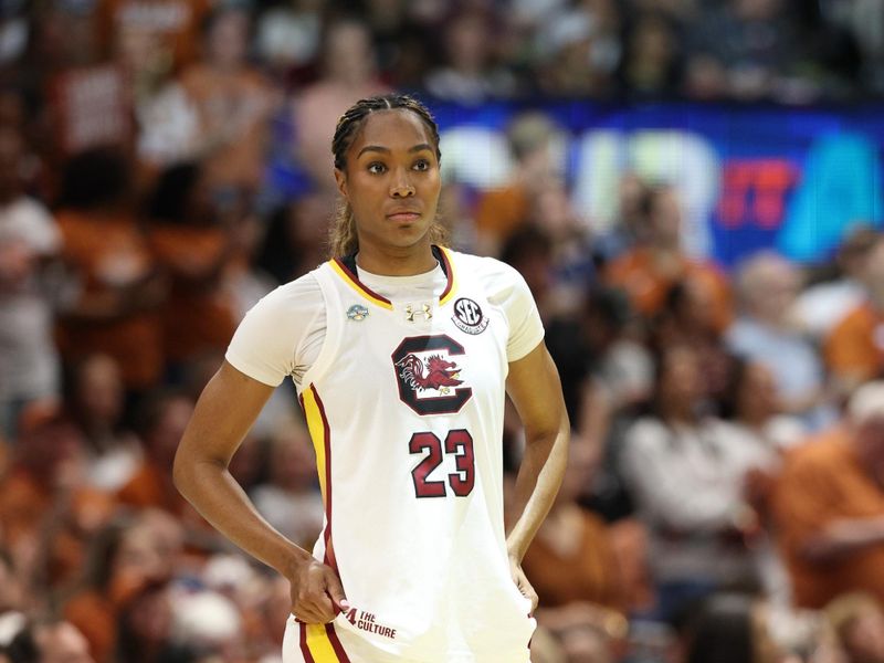 Apr 4, 2025; Tampa, FL, USA;  South Carolina Gamecocks guard Bree Hall (23) reacts during the first half in a semifinal of the women's 2025 NCAA tournament against the South Carolina Gamecocks at Amalie Arena. Mandatory Credit: Nathan Ray Seebeck-Imagn Images