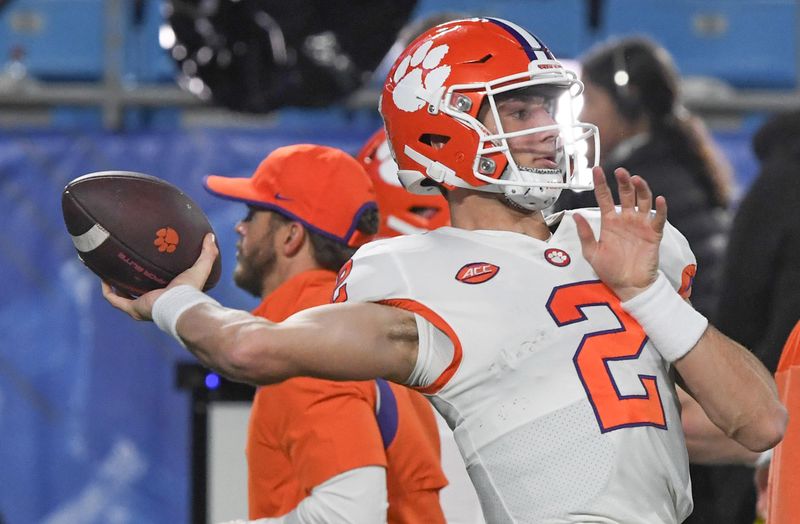 Dec 3, 2022; Charlotte, NC, USA; Clemson Tigers quarterback Cade Klubnik (2) warms up before the ACC Championship game against the North Carolina Tarheels at Bank of America Stadium. Mandatory Credit: Ken Ruinard-USA TODAY NETWORK