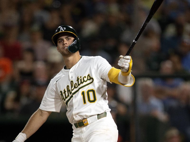 Jun 6, 2025; West Sacramento, California, USA; Athletics third baseman Max Muncy (10) reacts to striking out against the Baltimore Orioles during the seventh inning at Sutter Health Park. Mandatory Credit: D. Ross Cameron-Imagn Images