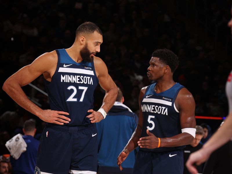 NEW YORK, NY - JANUARY 17: Rudy Gobert #27 and Anthony Edwards #5 of the Minnesota Timberwolves talk during the game against the New York Knicks on January 17, 2025 at Madison Square Garden in New York City, New York.  NOTE TO USER: User expressly acknowledges and agrees that, by downloading and or using this photograph, User is consenting to the terms and conditions of the Getty Images License Agreement. Mandatory Copyright Notice: Copyright 2025 NBAE  (Photo by Nathaniel S. Butler/NBAE via Getty Images)