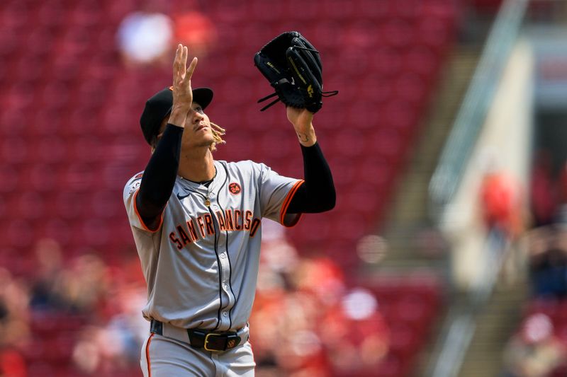 Aug 4, 2024; Cincinnati, Ohio, USA; San Francisco Giants relief pitcher Spencer Bivens (76) reacts after the victory over the Cincinnati Reds at Great American Ball Park. Mandatory Credit: Katie Stratman-USA TODAY Sports