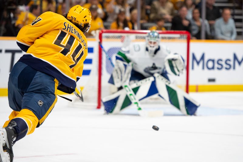 Apr 28, 2024; Nashville, Tennessee, USA; Nashville Predators left wing Kiefer Sherwood (44) takes a shot on goal during the second period in game four of the first round of the 2024 Stanley Cup Playoffs at Bridgestone Arena. Mandatory Credit: Steve Roberts-USA TODAY Sports