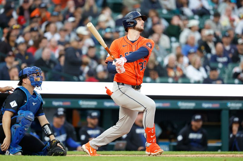 May 10, 2024; Detroit, Michigan, USA;  Houston Astros right fielder Kyle Tucker (30) hits a home run in the sixth inning against the Detroit Tigers at Comerica Park. Mandatory Credit: Rick Osentoski-USA TODAY Sports