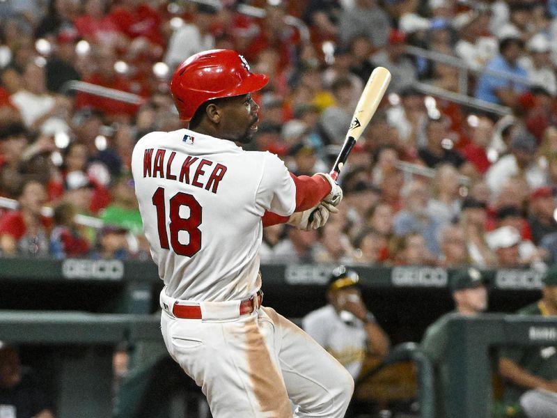 Aug 14, 2023; St. Louis, Missouri, USA;  St. Louis Cardinals right fielder Jordan Walker (18) hits a go-ahead three run triple against the Oakland Athletics during the seventh inning at Busch Stadium. Mandatory Credit: Jeff Curry-USA TODAY Sports