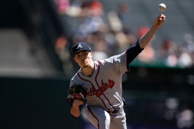 Aug 15, 2024; San Francisco, California, USA; Atlanta Braves pitcher starting Max Fried (54) delivers against the San Francisco Giants during the first inning at Oracle Park. Mandatory Credit: D. Ross Cameron-USA TODAY Sports