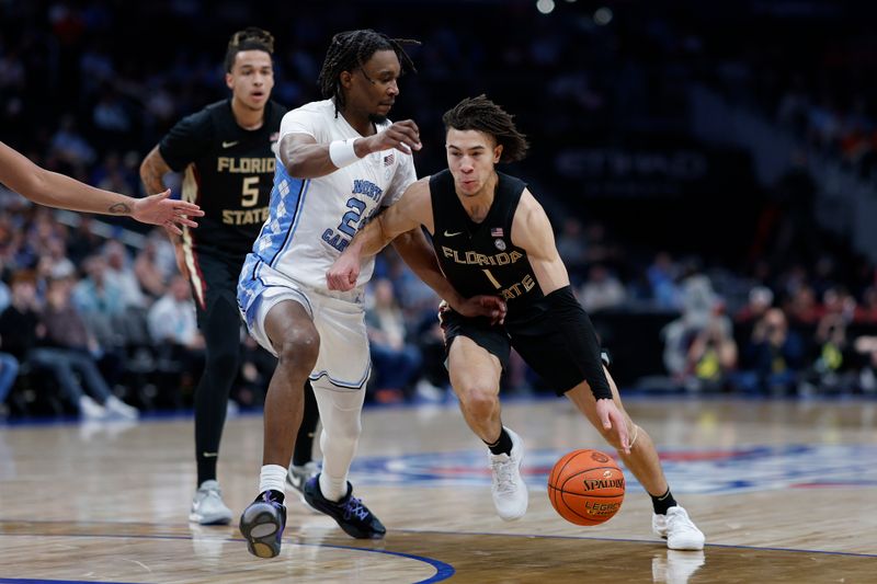 Mar 14, 2024; Washington, D.C., USA; Florida State guard Jalen Warley (1) drives to the basket as North Carolina forward Jae'Lyn Withers (24) defends in the first half at Capital One Arena. Mandatory Credit: Geoff Burke-USA TODAY Sports