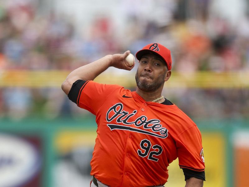 Mar 5, 2024; Clearwater, Florida, USA;  Baltimore Orioles pitcher Albert Suarez (92) throws a pitch against the Philadelphia Phillies in the second inning at BayCare Ballpark. Mandatory Credit: Nathan Ray Seebeck-USA TODAY Sports