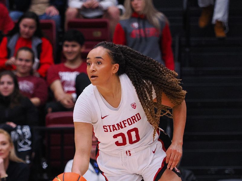 Jan 29, 2023; Stanford, California, USA; Stanford Cardinal guard Haley Jones (30) brings the ball down the court against the Oregon Ducks during the third quarter at Maples Pavilion. Mandatory Credit: Kelley L Cox-USA TODAY Sports