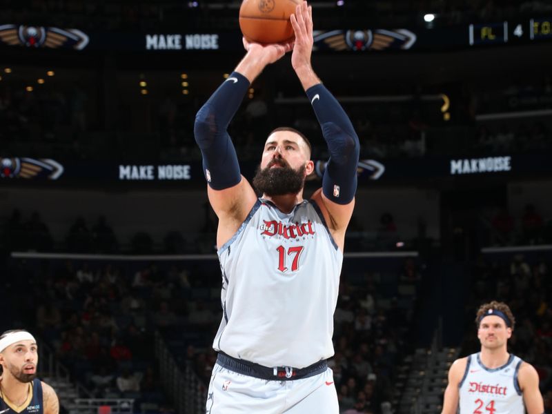 NEW ORLEANS, LA - JANUARY 3:  Jonas Valanciunas #17 of the Washington Wizards shoots a free throw during the game against the New Orleans Pelicans on January 3, 2025 at the Smoothie King Center in New Orleans, Louisiana. NOTE TO USER: User expressly acknowledges and agrees that, by downloading and or using this Photograph, user is consenting to the terms and conditions of the Getty Images License Agreement. Mandatory Copyright Notice: Copyright 2025 NBAE (Photo by Layne Murdoch Jr./NBAE via Getty Images)