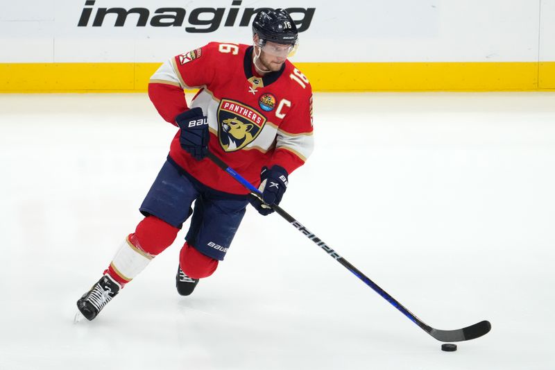 Dec 13, 2022; Sunrise, Florida, USA; Florida Panthers center Aleksander Barkov (16) warms up prior to the game against the Columbus Blue Jackets at FLA Live Arena. Mandatory Credit: Jasen Vinlove-USA TODAY Sports