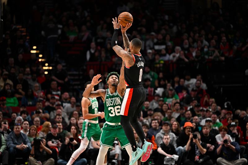 PORTLAND, OREGON - MARCH 17: Damian Lillard #0 of the Portland Trail Blazers attempts a three point basket over Marcus Smart #36 of the Boston Celtics during the fourth quarter at the Moda Center on March 17, 2023 in Portland, Oregon. The Boston Celtics won 126-112. NOTE TO USER: User expressly acknowledges and agrees that, by downloading and or using this photograph, User is consenting to the terms and conditions of the Getty Images License Agreement. (Photo by Alika Jenner/Getty Images)