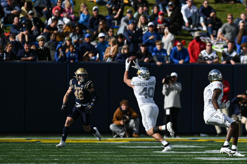 Oct 21, 2023; Annapolis, Maryland, USA;  Air Force Falcons linebacker Alec Mock (40) intercepts a pass for a touchdown during the  second half \at Navy-Marine Corps Memorial Stadium. Mandatory Credit: Tommy Gilligan-USA TODAY Sports