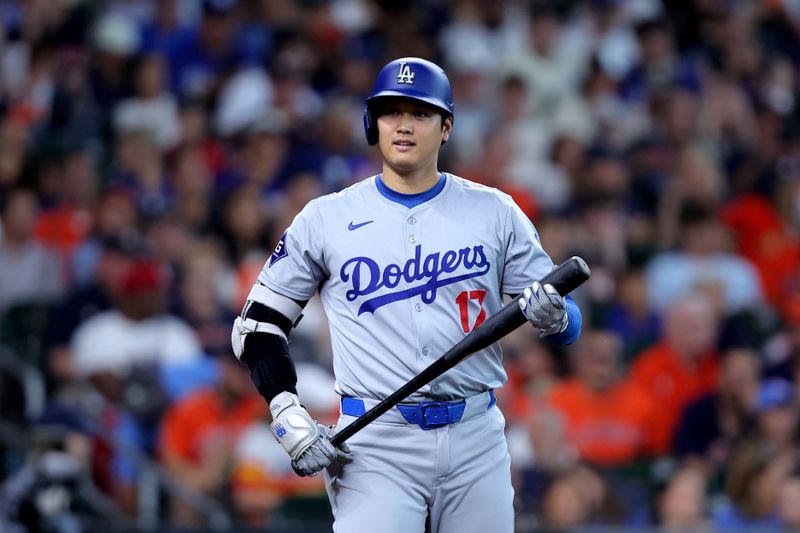 Jul 28, 2024; Houston, Texas, USA; Los Angeles Dodgers designated hitter Shohei Ohtani (17) stands in the batter's box against the Houston Astros during the fifth inning at Minute Maid Park. Mandatory Credit: Erik Williams-USA TODAY Sports