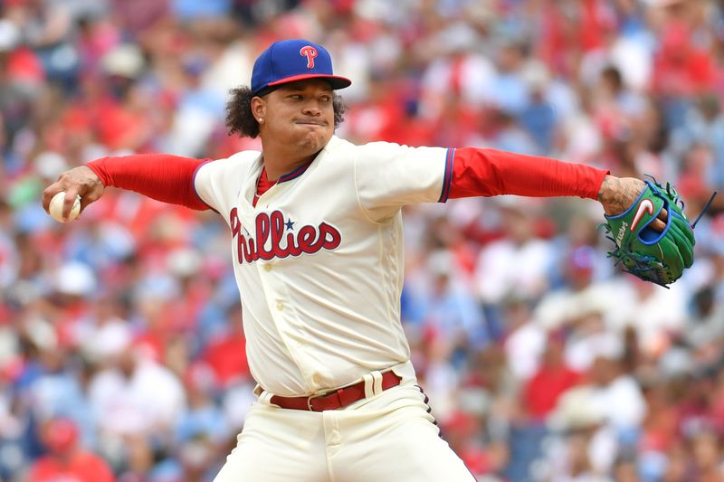 Aug 6, 2023; Philadelphia, Pennsylvania, USA; Philadelphia Phillies starting pitcher Taijuan Walker (99) throws a pitch against the Kansas City Royals during the second inning at Citizens Bank Park. Mandatory Credit: Eric Hartline-USA TODAY Sports