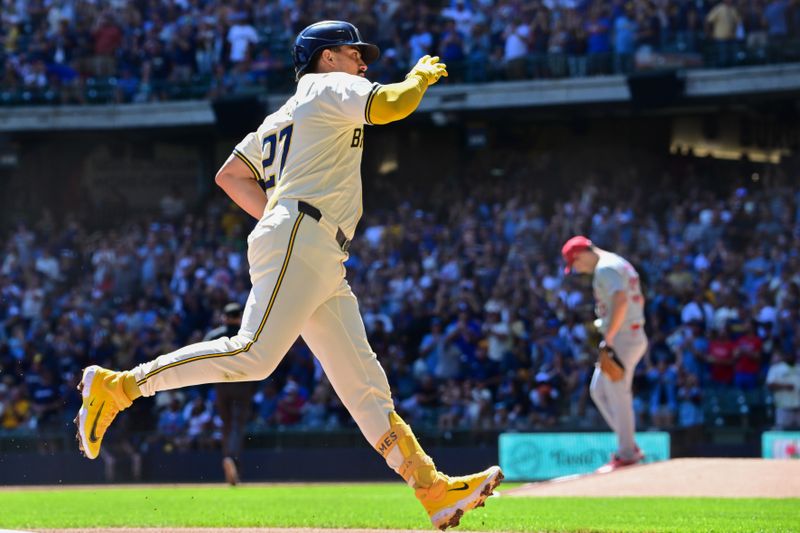 Sep 2, 2024; Milwaukee, Wisconsin, USA; Milwaukee Brewers shortstop Willy Adames (27) runs the bases after hitting a 3-run home run in the first inning against St. Louis Cardinals starting pitcher Andre Pallante (53) at American Family Field. Mandatory Credit: Benny Sieu-USA TODAY Sports