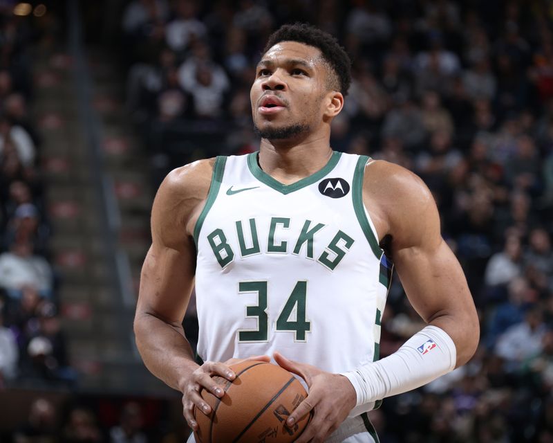 SALT LAKE CITY, UT - FEBRUARY 4: Giannis Antetokounmpo #34 of the Milwaukee Bucks shoots a free throw during the game against the Utah Jazz on February 4, 2024 at Delta Center in Salt Lake City, Utah. NOTE TO USER: User expressly acknowledges and agrees that, by downloading and or using this Photograph, User is consenting to the terms and conditions of the Getty Images License Agreement. Mandatory Copyright Notice: Copyright 2024 NBAE (Photo by Melissa Majchrzak/NBAE via Getty Images)