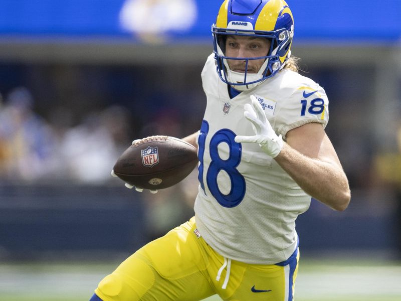 Los Angeles Rams wide receiver Ben Skowronek (18) runs with the ball during an NFL football game against the Atlanta Falcons Sunday, Sept. 18, 2022, in Inglewood, Calif. (AP Photo/Kyusung Gong)