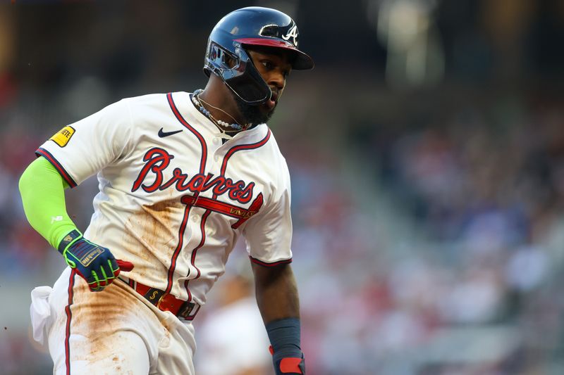 Apr 24, 2024; Atlanta, Georgia, USA; Atlanta Braves center fielder Michael Harris II (23) rounds third against the Miami Marlins in the first inning at Truist Park. Mandatory Credit: Brett Davis-USA TODAY Sports