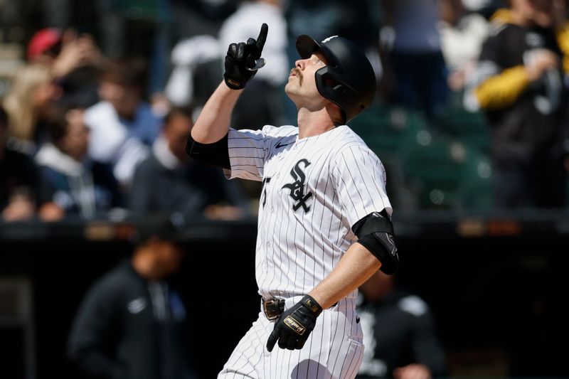 May 25, 2025; Chicago, Illinois, USA; Chicago White Sox left fielder Austin Slater (15) celebrates as he rounds the bases after hitting a solo home run against the Texas Rangers during the sixth inning at Rate Field. Mandatory Credit: Kamil Krzaczynski-Imagn Images