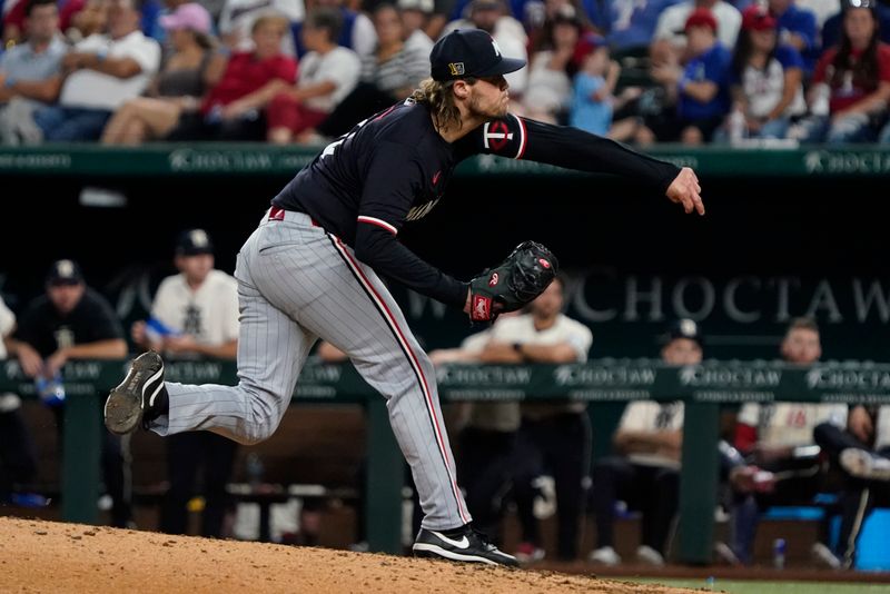 Aug 16, 2024; Arlington, Texas, USA; Minnesota Twins pitcher Steven Okert (16) follows through on a pitch against the Texas Rangers during the seventh inning at Globe Life Field. Mandatory Credit: Raymond Carlin III-USA TODAY Sports