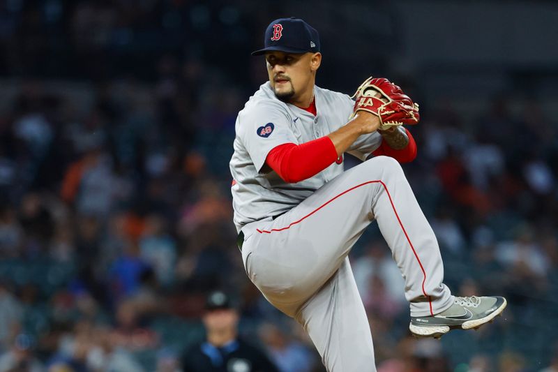 Aug 30, 2024; Detroit, Michigan, USA;  Boston Red Sox pitcher Brennan Bernardino (83) pitches in the seventh inning against the Detroit Tigers at Comerica Park. Mandatory Credit: Rick Osentoski-USA TODAY Sports